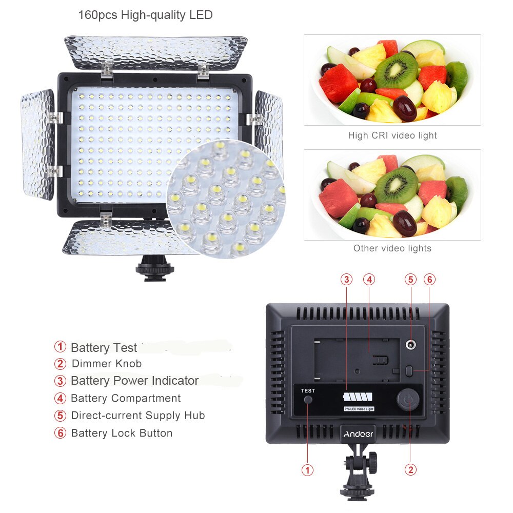 Andoer W160 6000K 160 LEDs Video Photography Light Lamp Panel for Canon Nikon Sony Olympus DSLR Camera DV Camcorder