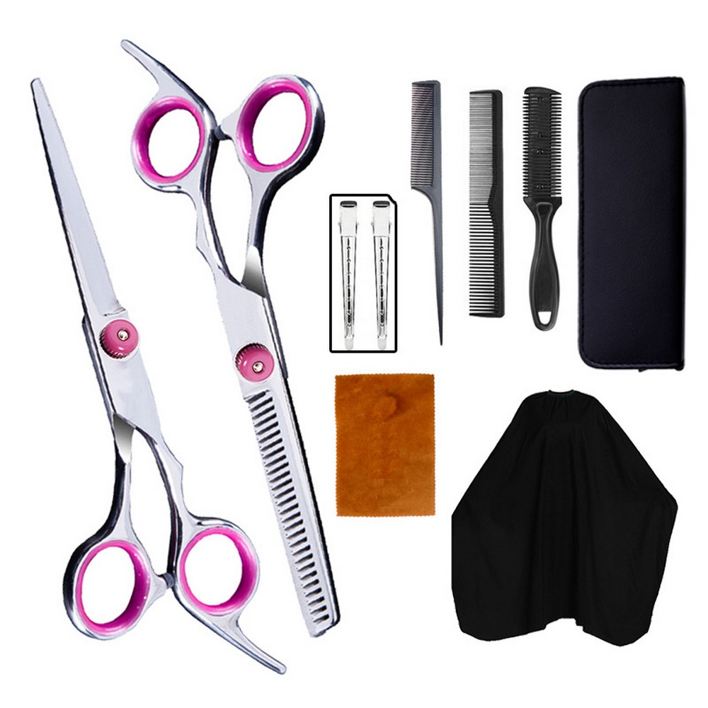 10 kpl kampaamo sakset sarja hiusten leikkaus sakset hiussakset häntäkampa hiusviitta hiustenleikkuri kampa: Vaaleanpunainen