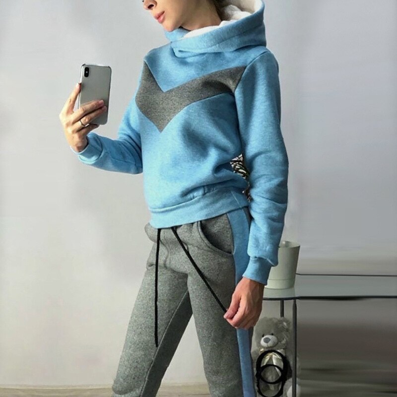 Europäischer und amerikanischer damen-fleeceanzug für herbst und Winter, 2 -teilig, Sport und freizeit, lauf- und fitnessbekleidung, figurbetont: Blau / S
