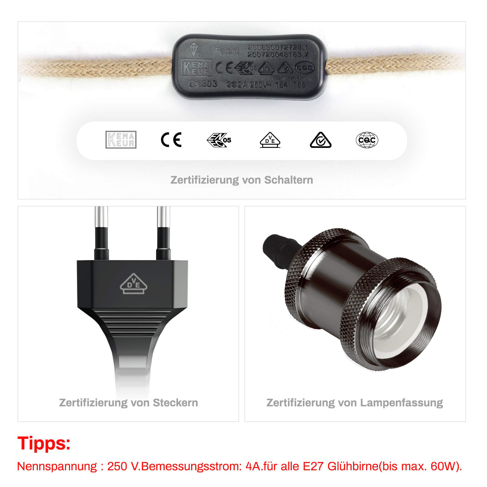 Netledning til e27 lampefatninger eu-stik hampereb 2 meter 3 meter elektrisk ledning lampefatning fatning retro tænd/sluk-kabel