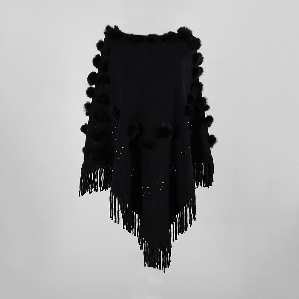 Cape Poncho pour femmes, col rond, avec pompon tricoté, Capes solides, manteau , Cape, châle, automne: Black