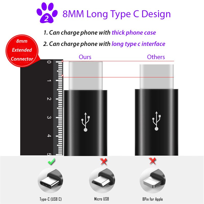 8MM Long USB Type C Adapter For Blackview Bv9700 Bv9600 BV8000 BV9000 Pro S6 Micro USB Female To Type C Male Converter Cable