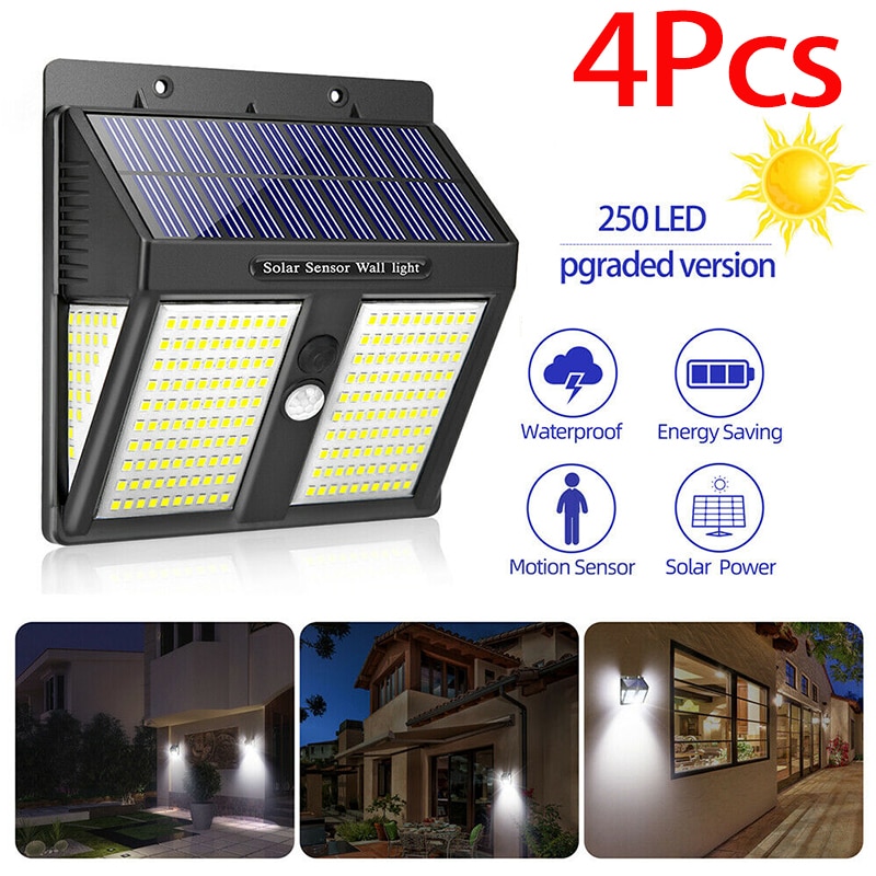4 Stuks 250 Led Solar Power Lights Buitenverlichting Wandlampen Pir Motion Sensor Wandlamp Tuin Waterdichte Outdoor Muur licht