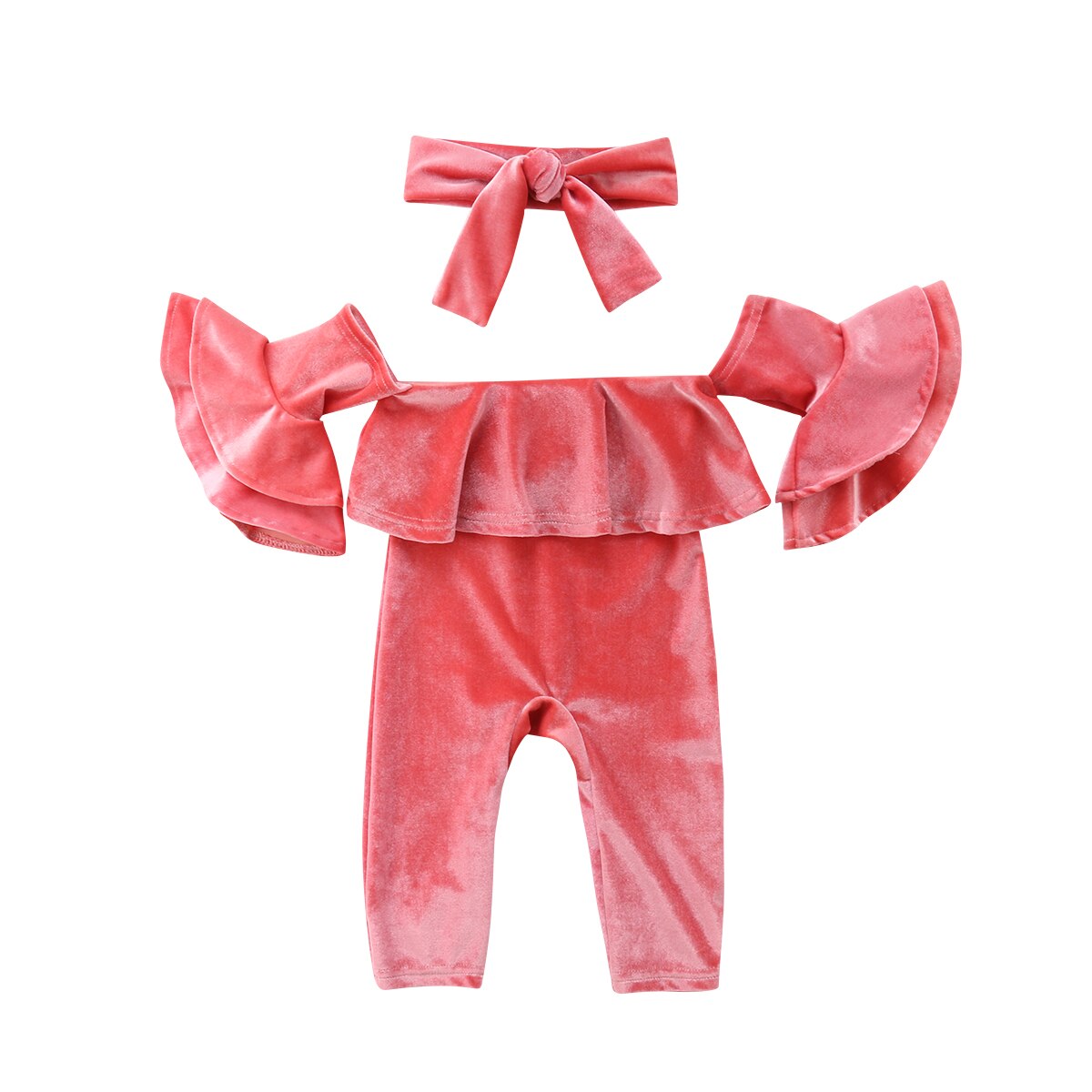 Toddler kid baby pige fløjl fleece fra skulderen flare ærme jumpsuit med pandebånd