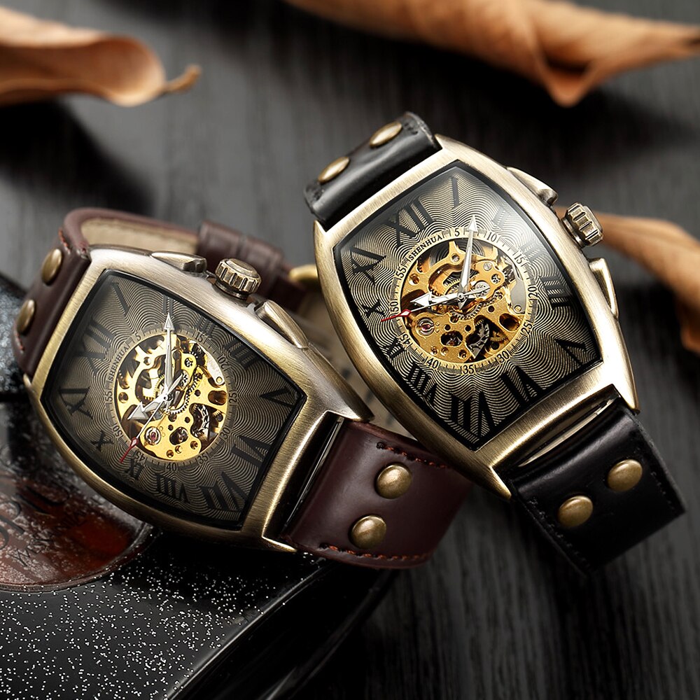 Retro automatiske ure mænd kranium skelet urskive selv vind brun armbåndsur han vintage vintage romersk ur læder reloj relogio