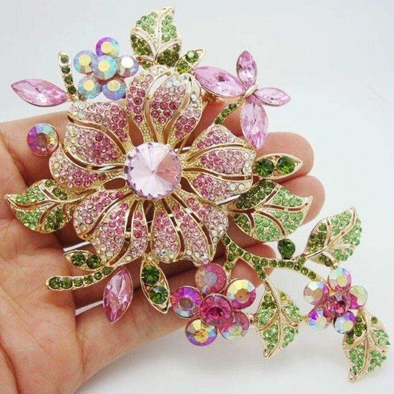 Colorful Rhinestone Crystal Flower Brooch Pin Romantic Wedding Bride Costume Jewelry