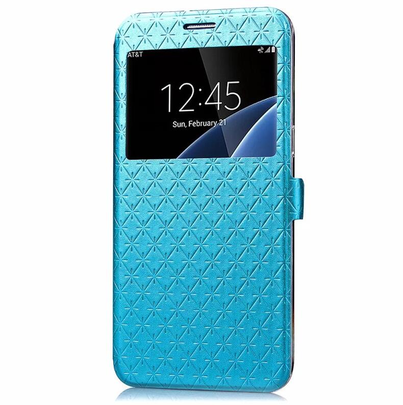 Cover Phone Case For Samsung Galaxy s7 edge SM G9350 Flip PU Leather tpu Shell S7 G9300 Rhombus Holster Bag Window Stand: For Samsung S7 / Blue