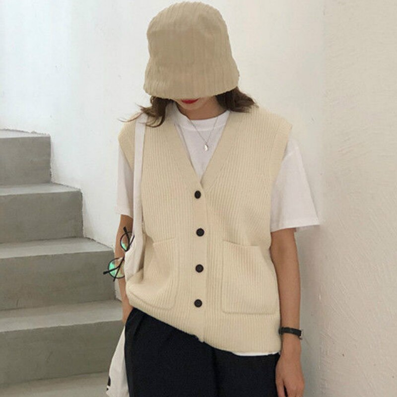 Suéter de punto para mujer, chaleco suave y elástico básico sencillo de uso diario con cuello de pico, liso de punto abierto, ropa de calle femenina, Vintage coreana, combina con todo: Beige