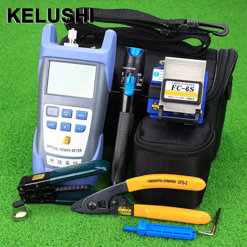 KELUSHI Fiber Optic FTTH Tool Kit with FC-6S Fiber Cleaver and Optical Power Meter 5km Visual Fault Locator 1mw Wire stripper