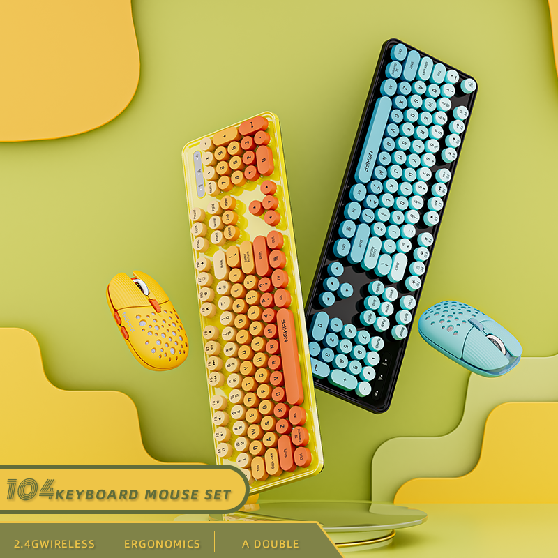 Urocza 104-klawiszowa Retro Okrągła Klawiatura Bezprzewodowa 2.4G Gamingowa Klawiatura i Mysz Combo Ergonomiczna Klawiatura z Klawiszami Multimedialnymi