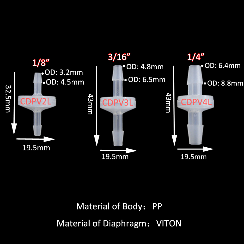 Válvula de retención de plástico PP de 1/8 "3/16" 1/4 "válvula sin retorno/válvula unidireccional para Gas, aire, líquido, agua, válvula de fluidos, baja presión de apertura
