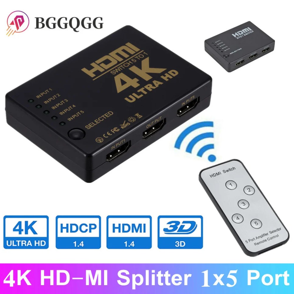 Bggqgg Hd 4K HD-MI Splitter 1X5 Poort 3d 4K * 2K Video Voor Switcher 1 Ingang 5 Uitgang Hub Met Ir Afstandsbediening Switcher