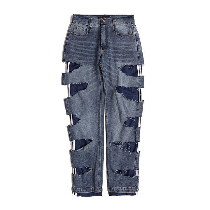 jeans strappati strappati alto strada pantaloni uomo anca salto urbano Nero Streetwear pantaloni in denim anca salto: blu / M