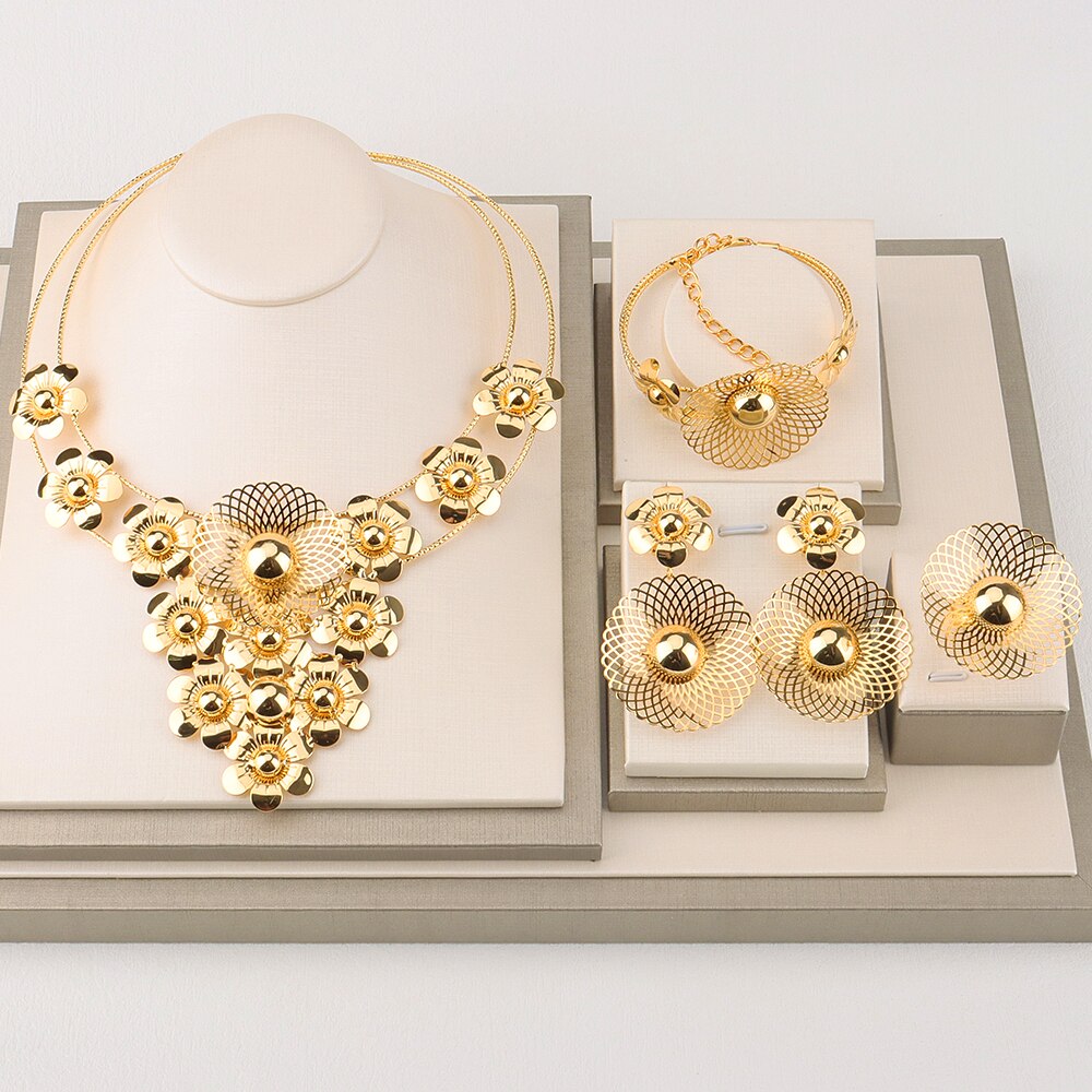 Ensemble de bijoux de mariée de dubaï, fleur de luxe, couleur or, collier rond, boucles d&#39;oreilles, bijoux de mariage, bague, bague, Nigeria: SMT253