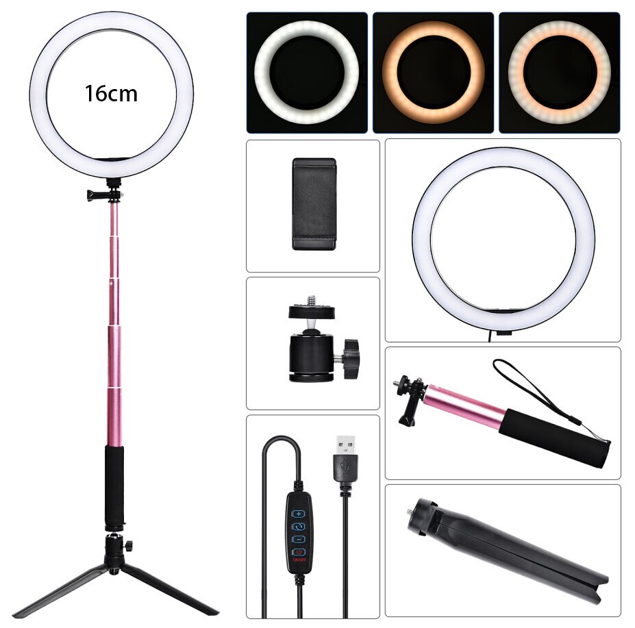 Fosoto 16/26Cm Fotografische Verlichting 3200K-5500K Dimbare Led Ring Light Lamp Foto Studio Telefoon video Makeup Met Statief: Rood