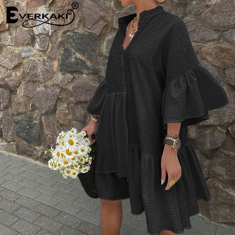 Everkaki lös miniklänning kvinnor sommar boho vestidos ihåliga volanger dam semester korta klänningar kvinnor