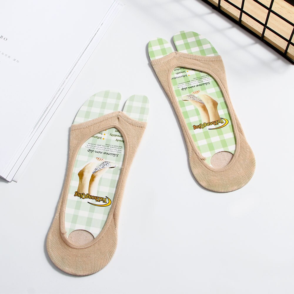 Åpen tå båtsokker sommer kvinner jenter bomull pustende anti-skli usynlige tøfler silikon peep-toe lavskårne sokker: Beige