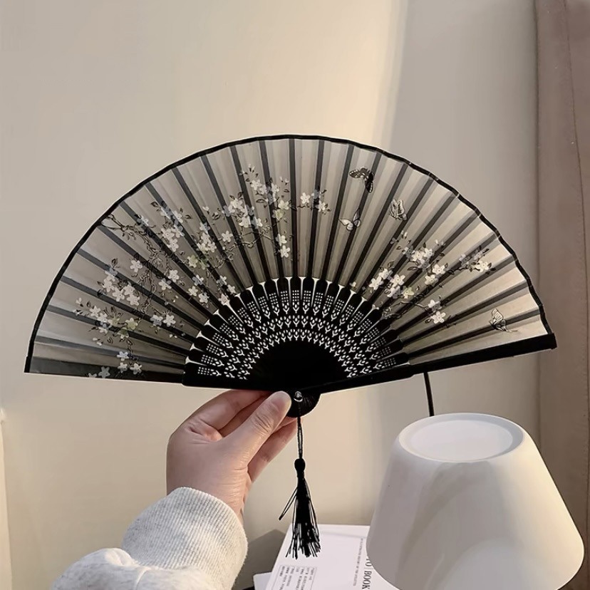 Chinese Style Black Folding Fan Hanfu Qipao Matching Home Decoration Photography Manual Cooling Bamboo Beautiful Men Women's Fan: Navy
