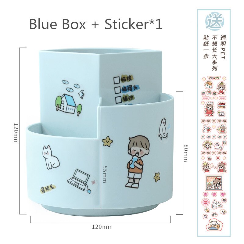 360 Degree Rotation Cute 3 Grid Drawer Desktop Storage Box Desk Organizer Holder Free Sticker School Office Stationery