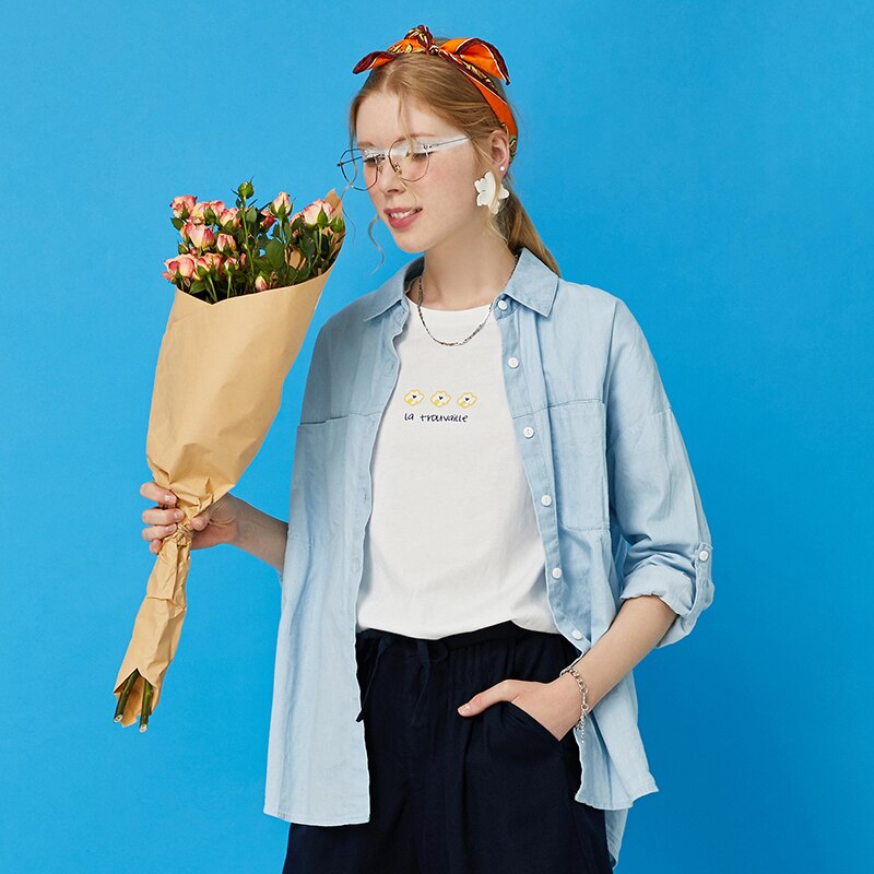 Toyouth Women Blouse Autumn Casual Jeans Blue Tops Long Sleeve Loose Cotton Shirts: L