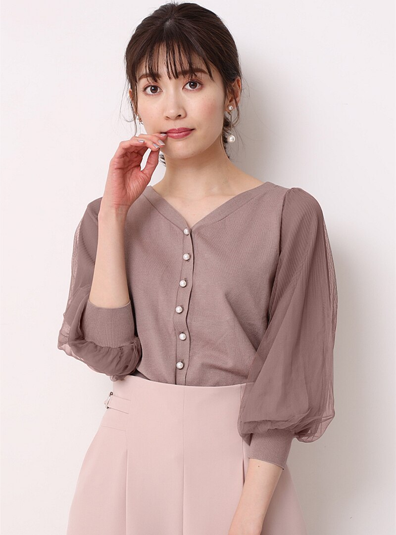 Blusa de gasa con manga abombada y cuello en V, producto de primavera: Marrón
