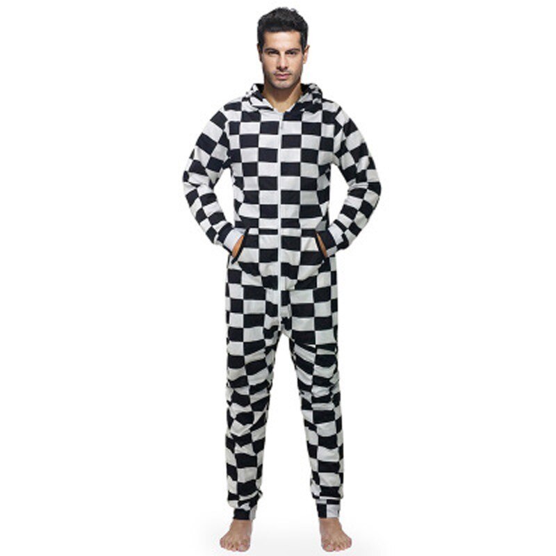 Best Sutumn Winter Pajamas Jumpsuit For Men Black White Plaid Print Slim Clothes Onesie For Adults Hooded EU Size Arrivals: XL