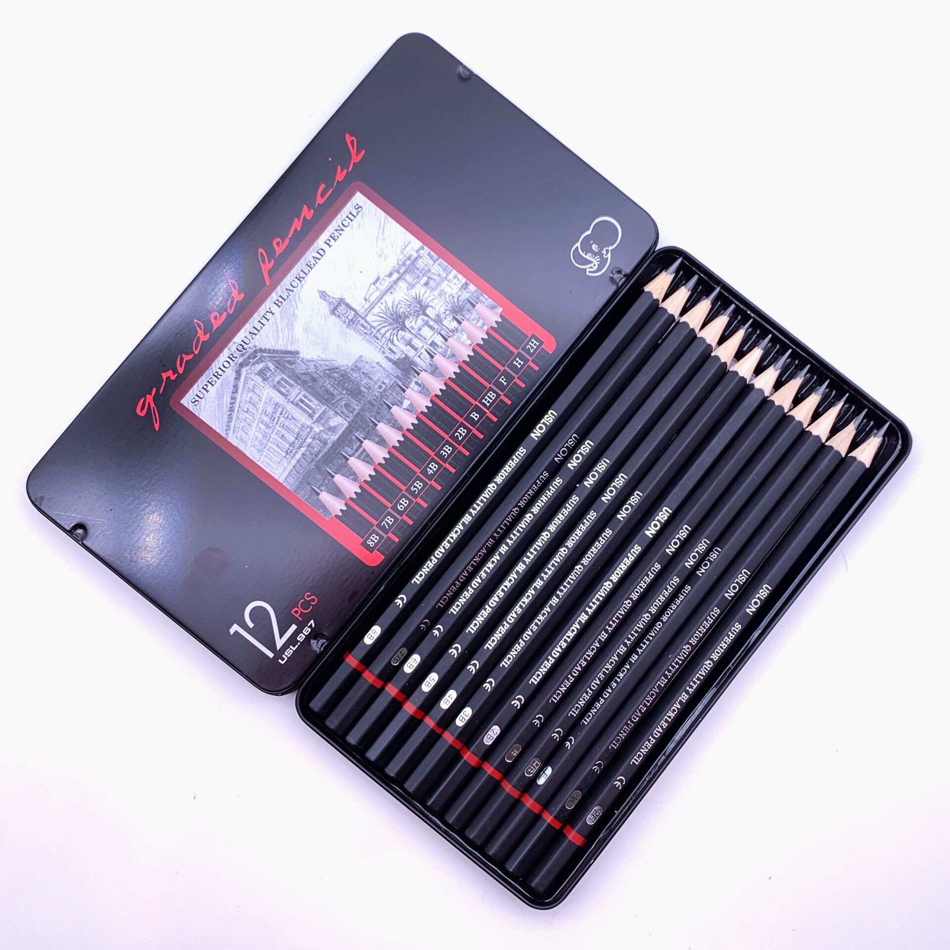 12PCS/Box Sketch Pencil Set Student Art Drawing Sketch Pencil 2H/H/F/HB/B/2B/3B/4B/5B/6B/7B/8B/Multi-Specification Set: Iron box set