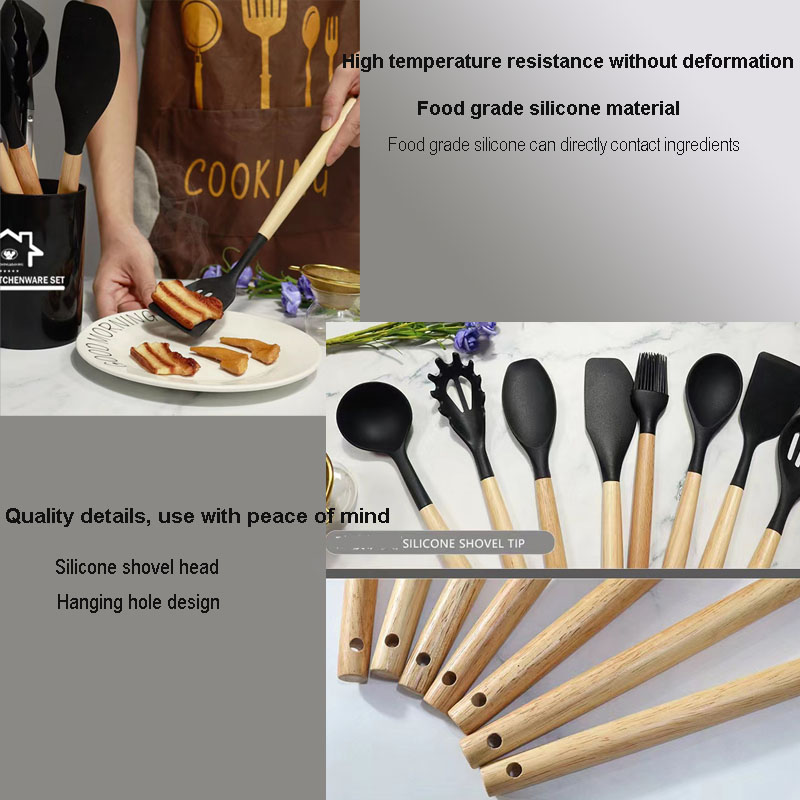12Pcs Silicone Kitchen Utensils Cooking Wooden Handle Non Stick Pot Kitchenware Set Storage Bucket Silicone Kitchen Utensils