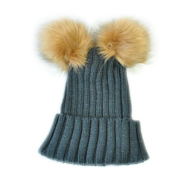 Baby børn voksne vinter varm beanie dobbelt pels pom bobble strikket hat cap: Mørkegrå