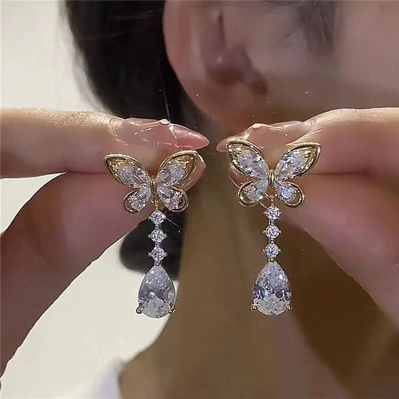 Korean Pink Pendant Earrings Princess Full Rhinestone Bow Love Heart Earrings Women's Wedding Aesthetic Jewelry: Gold-color