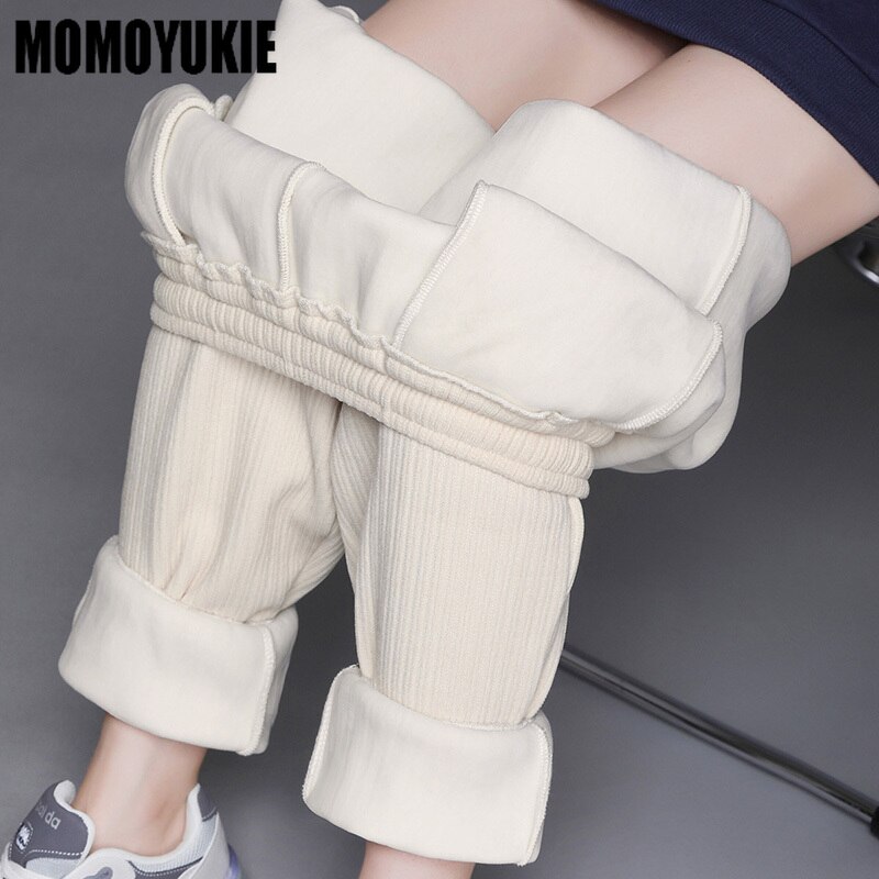 Winter Vrouwen Fleece Broek Corduroy Dikke Warme Joggingbroek Casual Solid Elastische Taille Lace-Up Losse Vrouwelijke Broek Leggings: beige / S