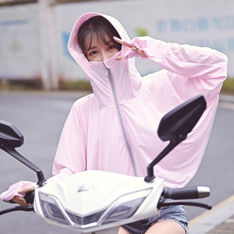 Womens Hooded Sun-protective Coats Anti-UV Tops Short Cycling Riding Jacket Breathable Quick Cool Dry: pink