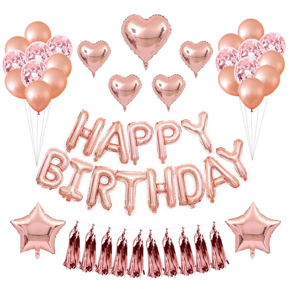 Rose Gold Birthday Party Decorations Happy Birthday Banner Confetti Balloon Latex Balloon Rolls Balloon Ribbon