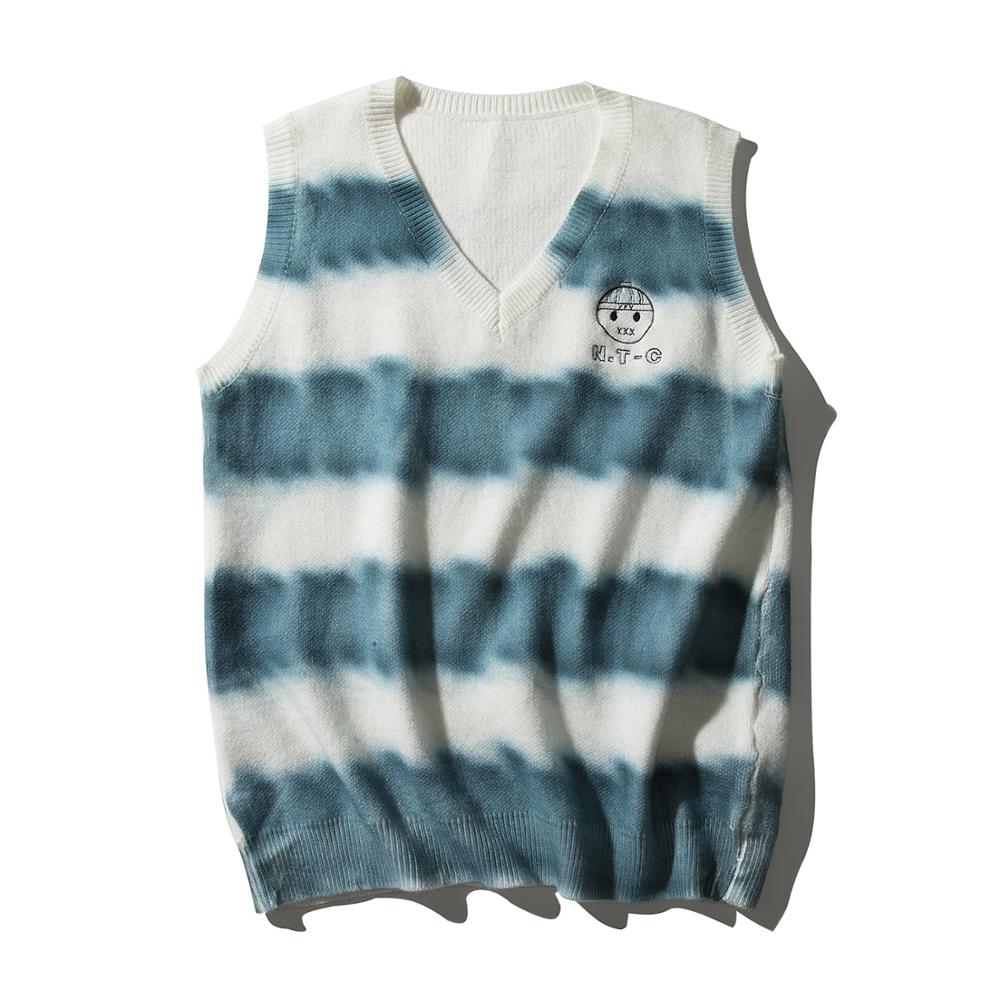 Suéter Chaleco de retales con cuello en V bordado degradado sin mangas, Tops tejidos, chalecos para hombres holgado de talla grande Harajuku que combina con todo