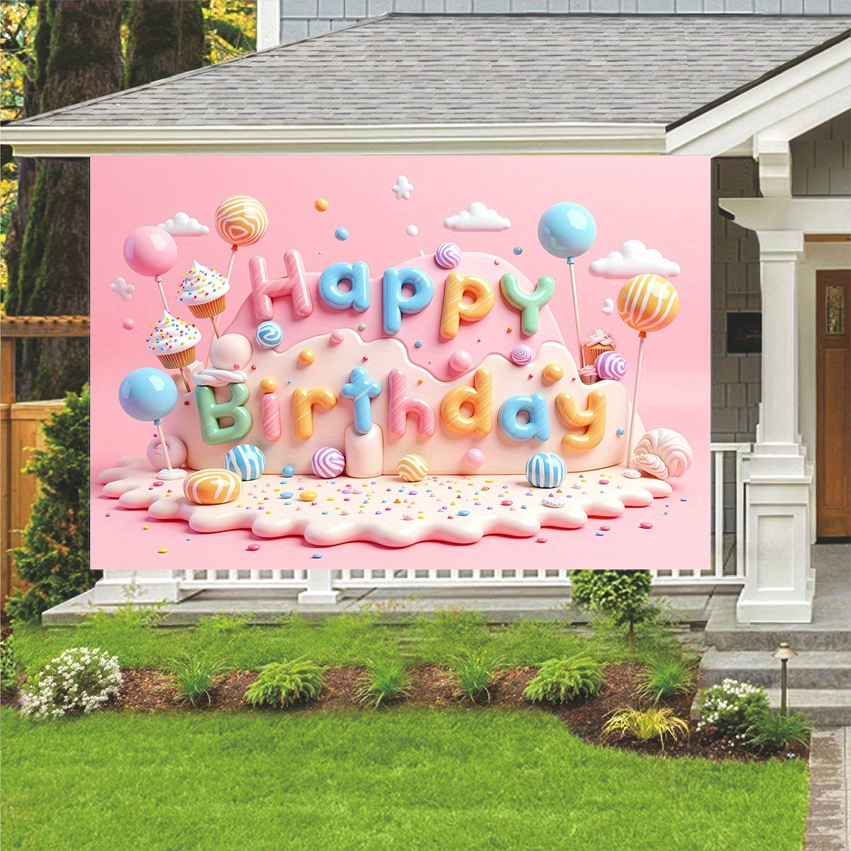 Fondo de tela Feliz cumpleaños decoración de pared banner banner con globos, dulces y pasteles rosa claro