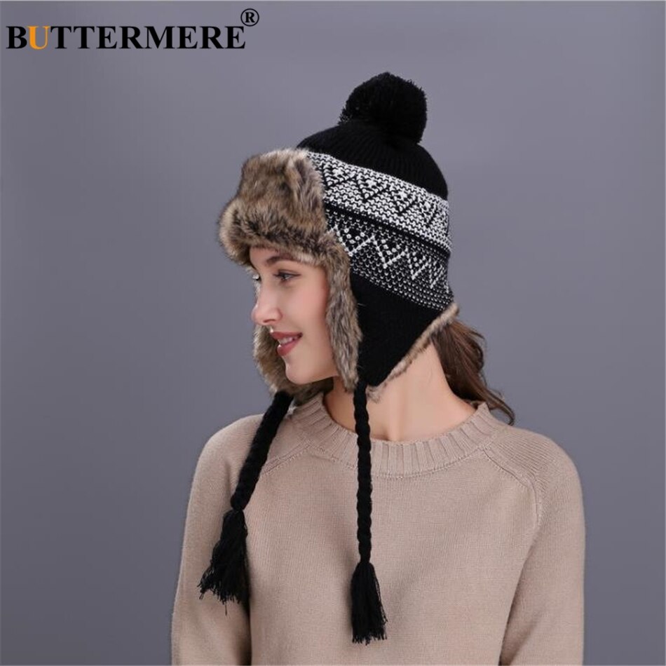 Buttermere russian ushanka luer dame strikke pels bomber lue dame luer pom pom varm høst vinter varm trapper lue