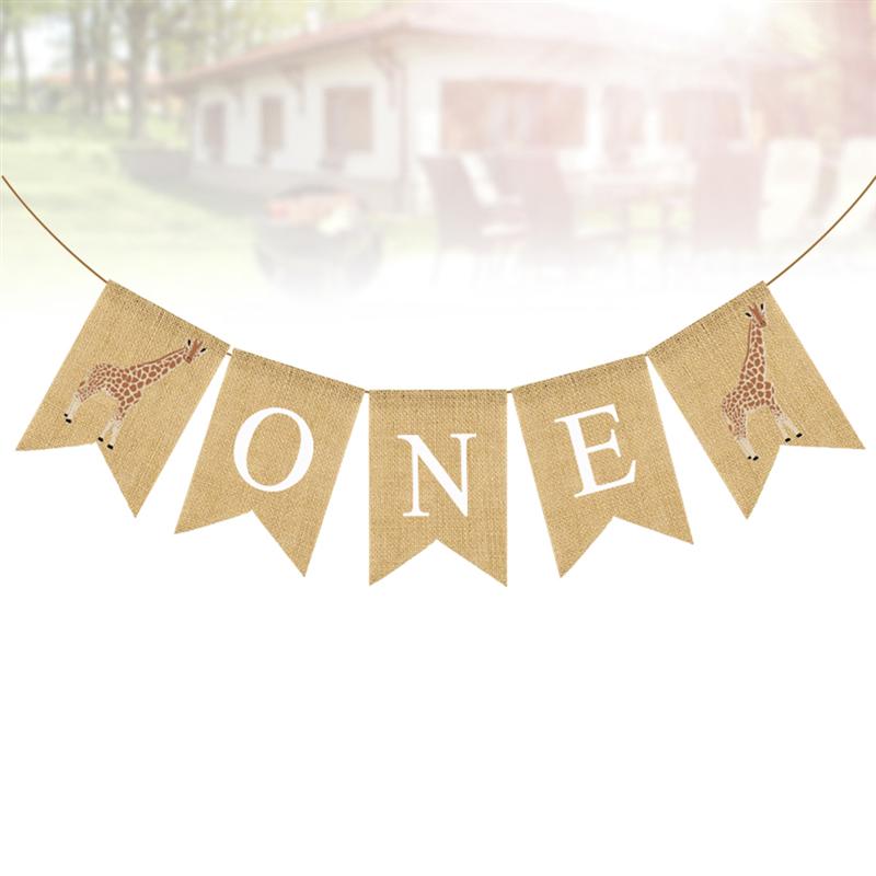 First Birthday Party Flag Giraffe and ONE Printing Burlap Banner Swallowtail Bunting Baby Shower Hanging Garland Party Supplies