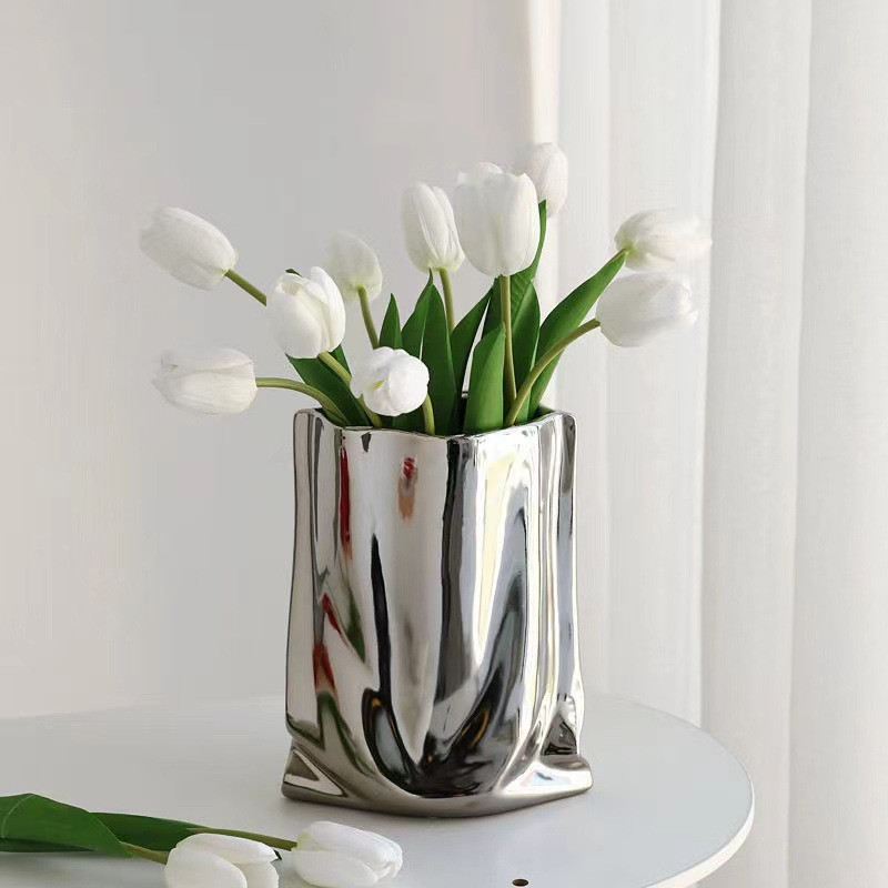 Jarrón de flores con volantes plateados, jarrón de cerámica, arreglo de flores de porcelana, decoración con forma de bolsa, terrario, decoración del hogar, jarrones