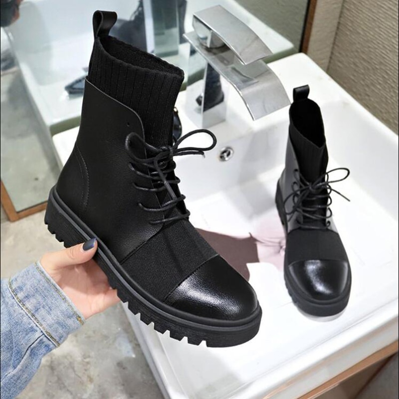 Primavera botas Mujer Zapatos Mujer botas plana redonda PU botines primavera encaje elástico botas negras botas cómodas