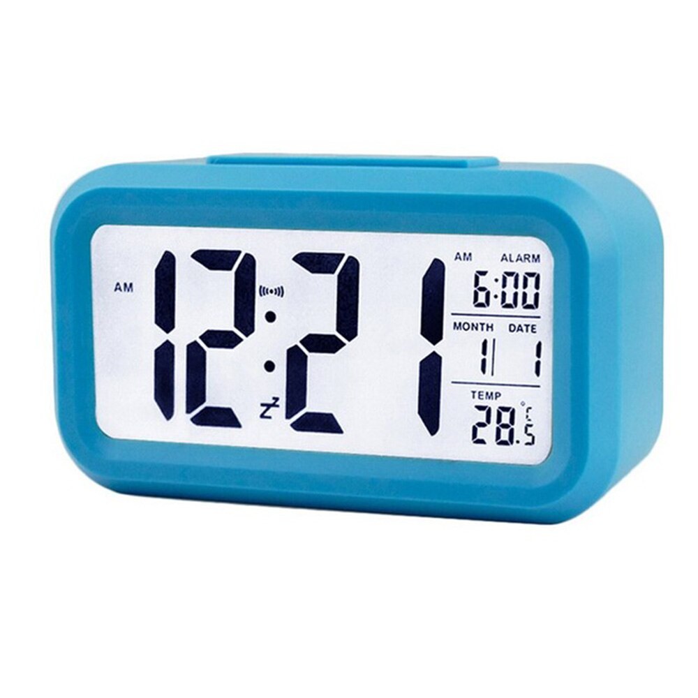 Smart Digital Alarm Clock with Date and Temperature Snooze Button on Top Battery Operated Rectangle Desk Clock with Night Light: Blue