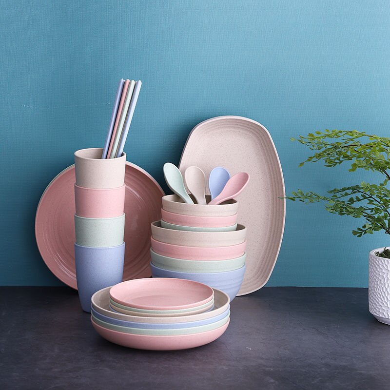 4 stuks effen plastic bord rond vaisselle servies serviesset borden en schalen eetstokjes keuken eetkamer kinderbord