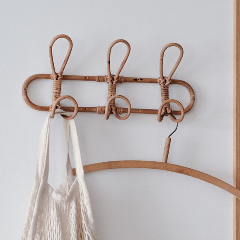 Handmade Real Rattan Hangers Rustic Retro Rattan Wall Hanging Decoration Hook Porch Wall Coat Rack Clothes Rack: Dark 3 Hooks