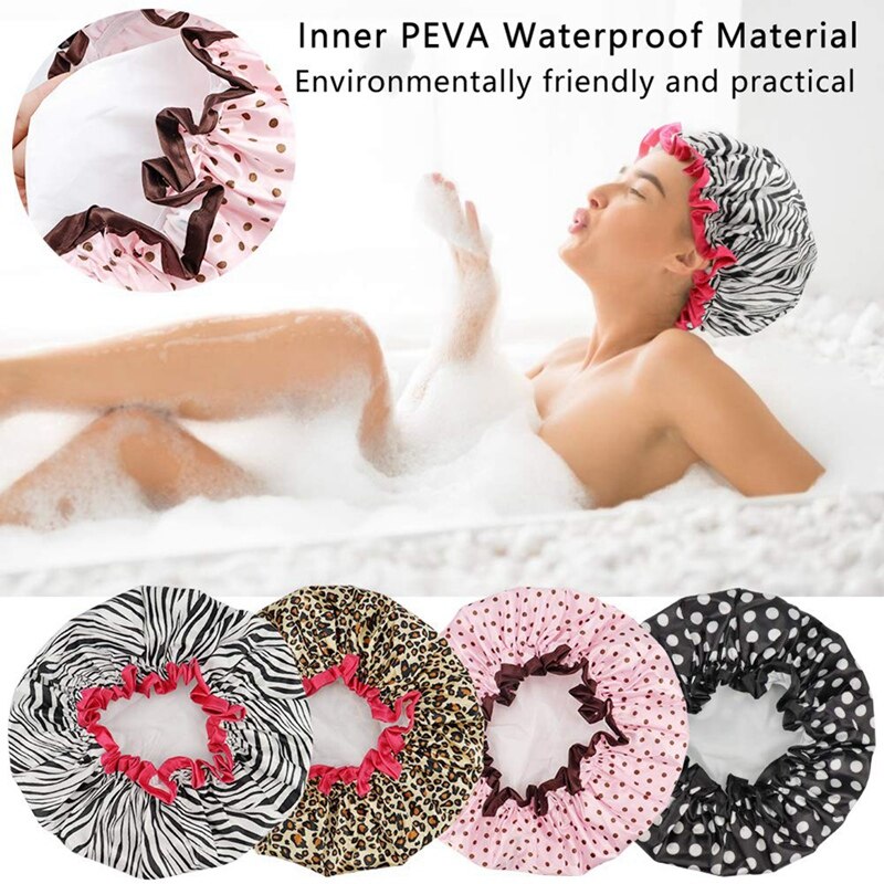 4Pcs Double-Layer Waterproof Shower Cap, Ladies Shower Cap, Elastic and Reusable Shower Cap