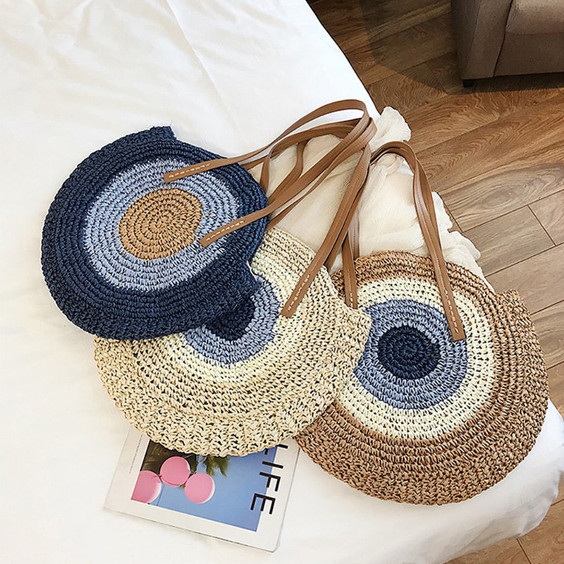 Round Ladies Straw Woven Bag Simple Shoulder Bag Beach Bag Large Capacity Handbag Women Bags Casual Tote Zipper