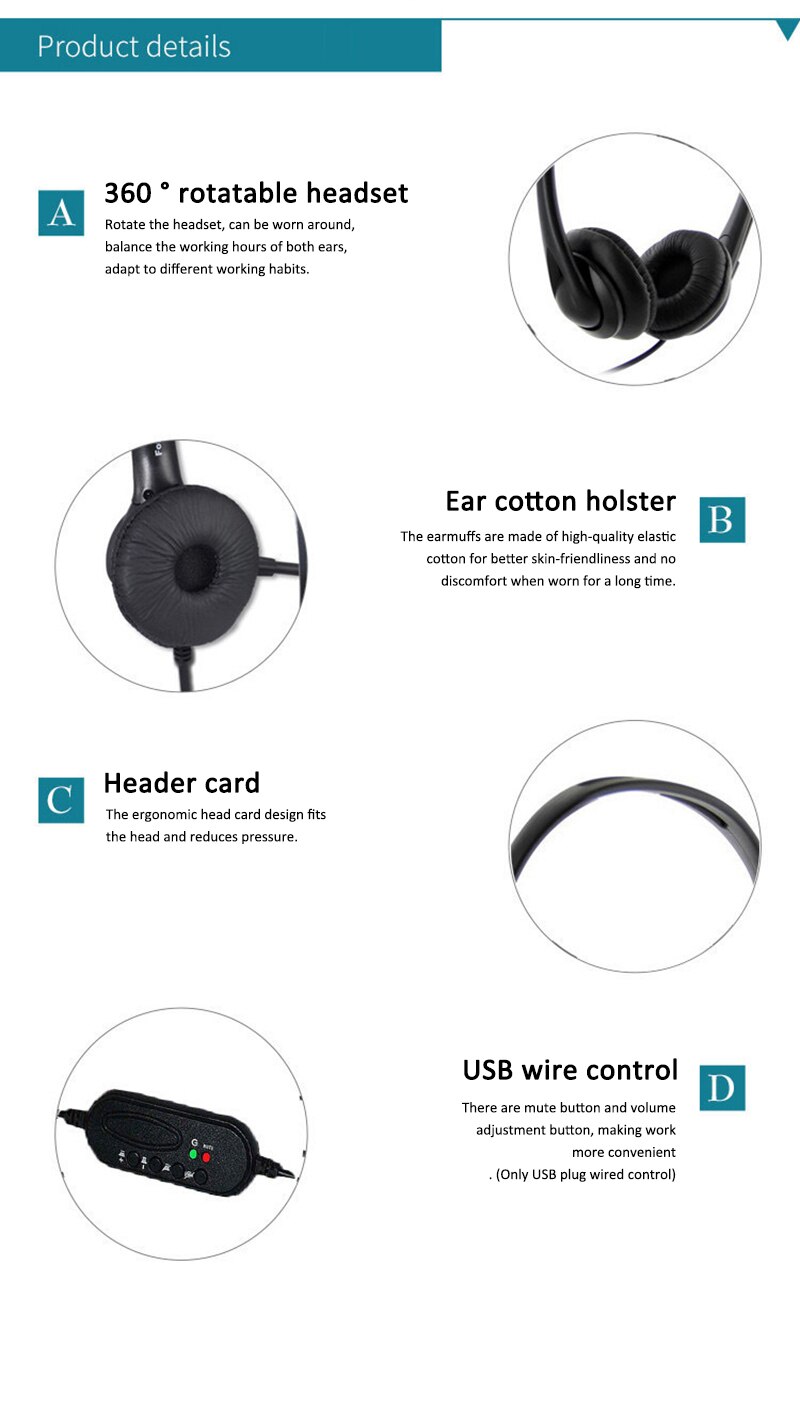102U USB Binaural Headset For PC Computer Work Gaming 360 Rotatable Earphone With USB Wire Control Call Centre Office Headset