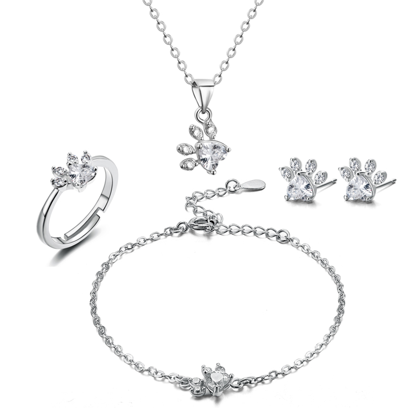 4 Stuks Kat Bear Poot Ring Voor Vrouwen Sieraden Sets Wit Cz Steen Zilveren Kleur Ringen Ketting Armband oorbel Set