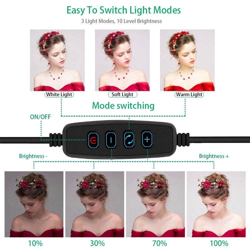 26Cm Photography Led Selfie Lighting Light with Selfie Stand Tripod & Usb Plug Dimmable for Makeup Video Live Studio