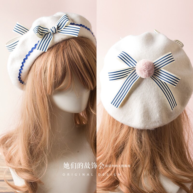 17 Kleuren Lolita Baretten Wol Blend Hoed Vrouwen Meisjes Boog Plaids Streep Sailor Stijl Preppy Chic Studenten Cap