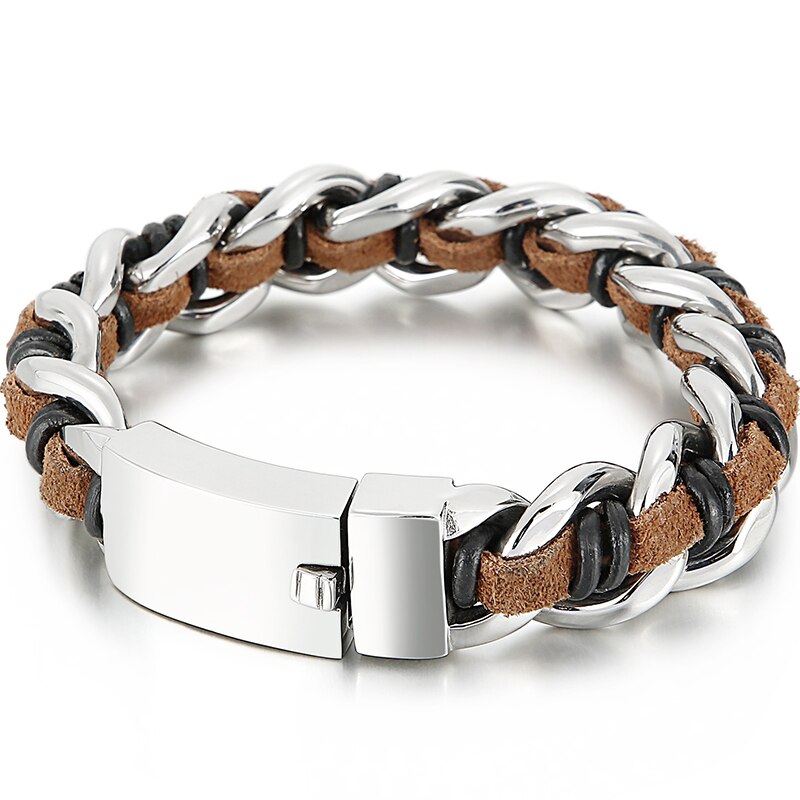 Handgemaakte Lederen Wrap Armband Mannen Jongens Armbanden Titanium Rvs Heren Biker Sieraden Accessoires Manchet Bangle Mannelijke: Default Title