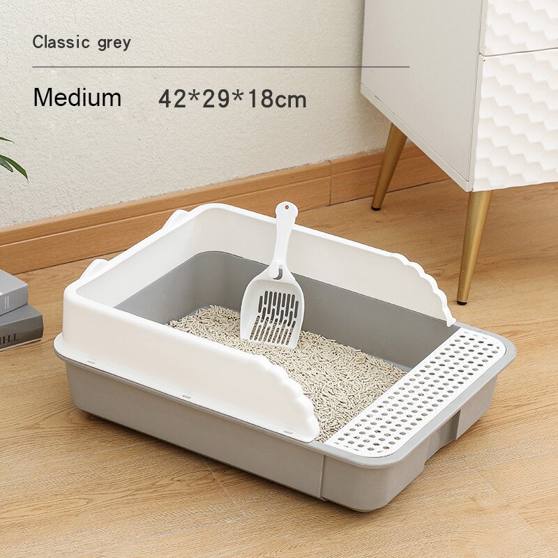 Katzen Wurf Kasten Haustier Wc Becken halb-Geschlossen Hund Sauber Wc Sandkasten Katze Hund Tablett Kätzchen Wurf Schaufel Anti Spritzen Wurf Kasten: grau / L